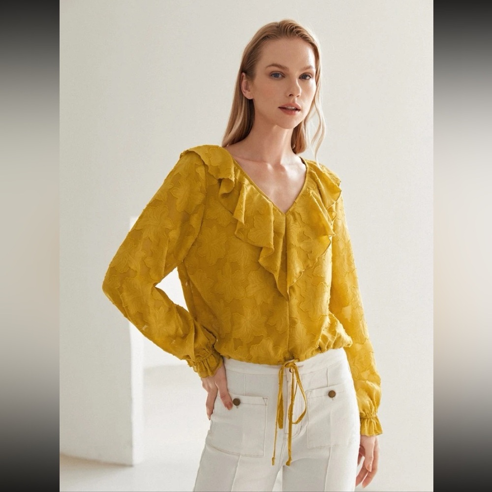 SHEIN MOTF Premium Appliqués Ruffle Trim Long Sleeve Blouse (Yellow, Medium)